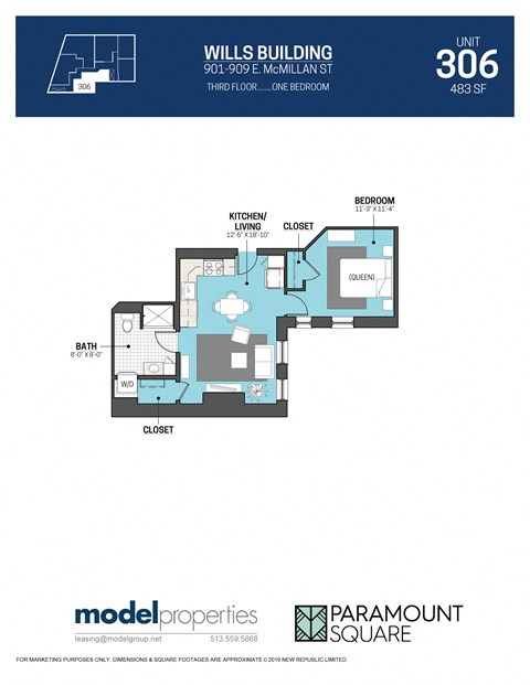 Floor plan for 1 bed, 1 bath, 483 sqft